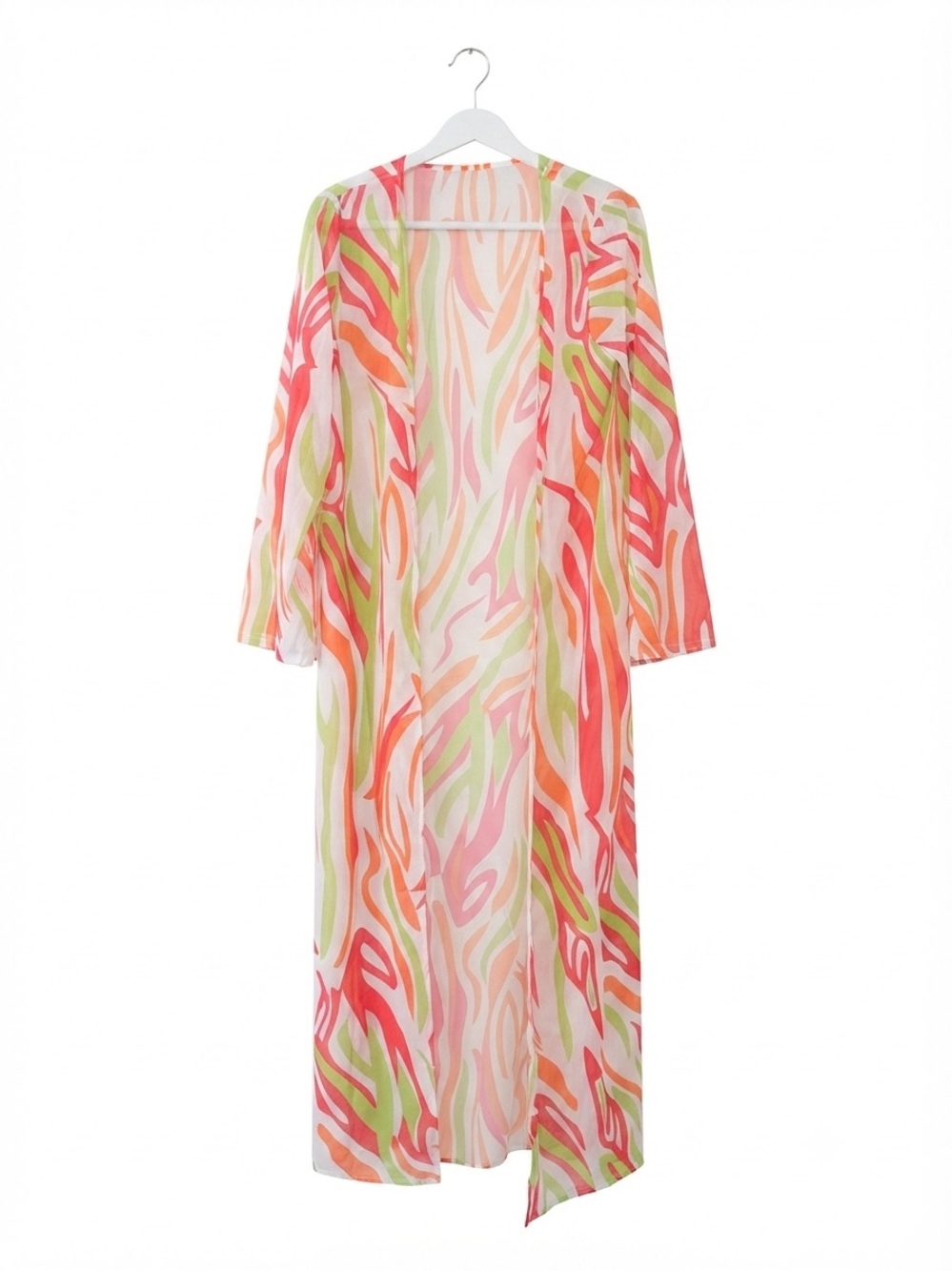 Boho Abstract Swirl Print Maxi Kimono Duster Cardigan Coral Green Sz S - Picture 2 of 4